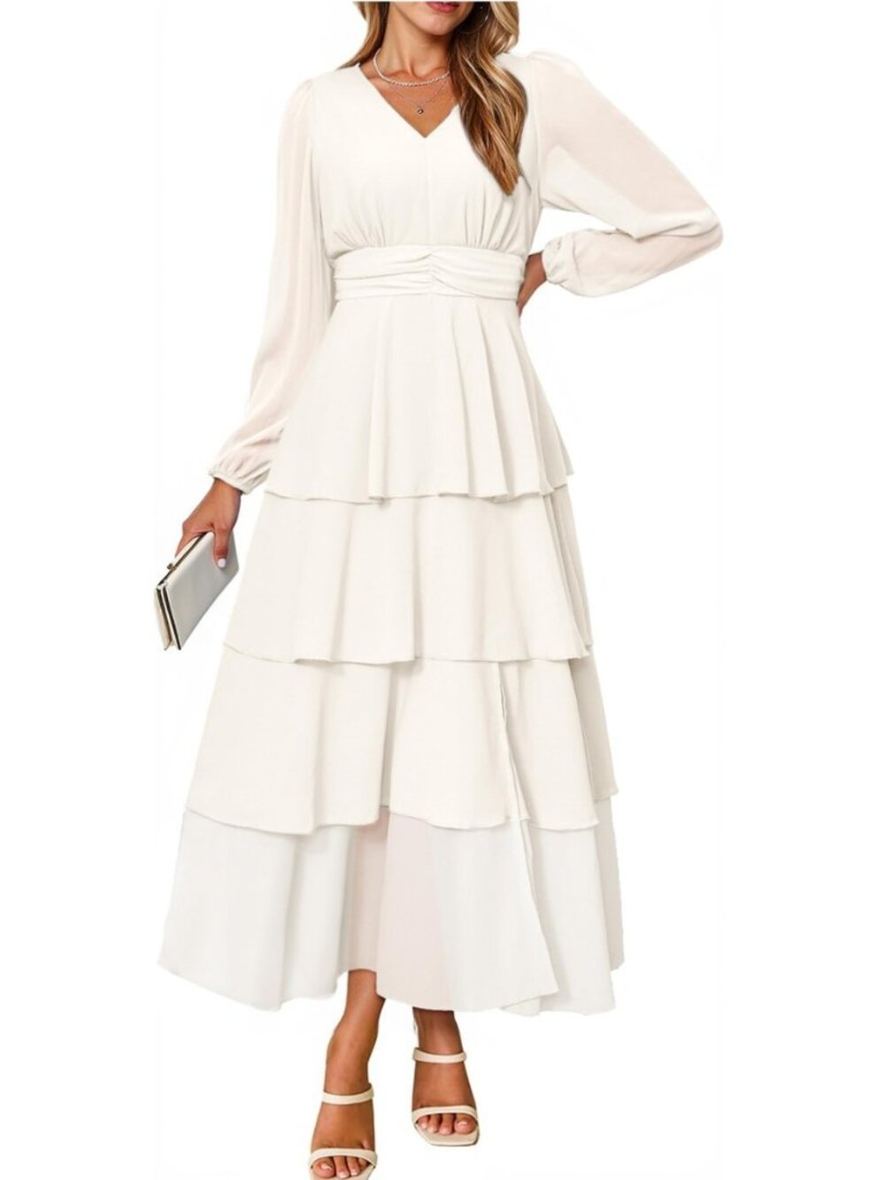 Womens Flowy Maxi Dress Chiffon Long Sleeve Slit V Neck Casual Ruffle Tiered